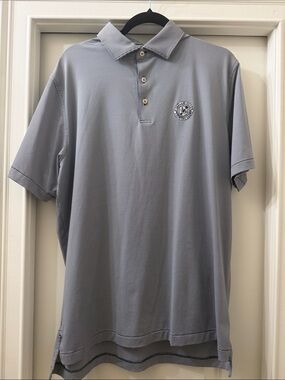 Navy and white pinstripe Men’s Polo Shirt with Embroidered Crest